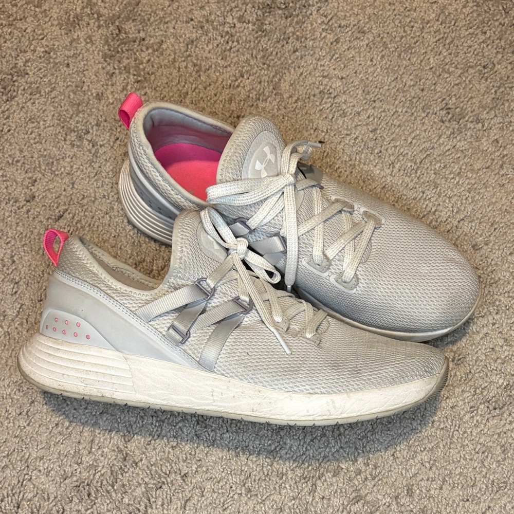 Under Armour Women's Light Gray Sneakers with Pink Accents